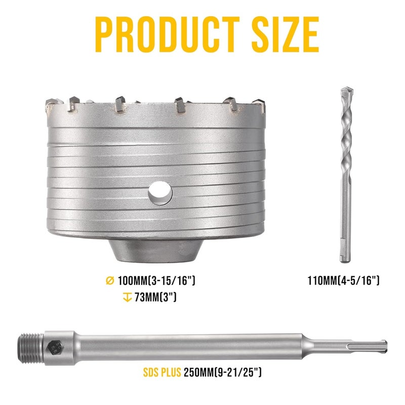 TGFTGF 100mm Concrete Hole Saw Kit, Tungsten Carbide Masonry Hole Saw Kit with 250mm SDS Plus Bit Shank Drill Bit Sets for Concrete, Brick, Stone, Cement, Tile, Wall Drilling - Image 2